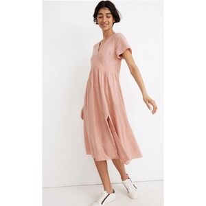 Madewell Linen Blend Clara Midi‎ Dress XSP Pastel Coral V Neck Cottage Pockets